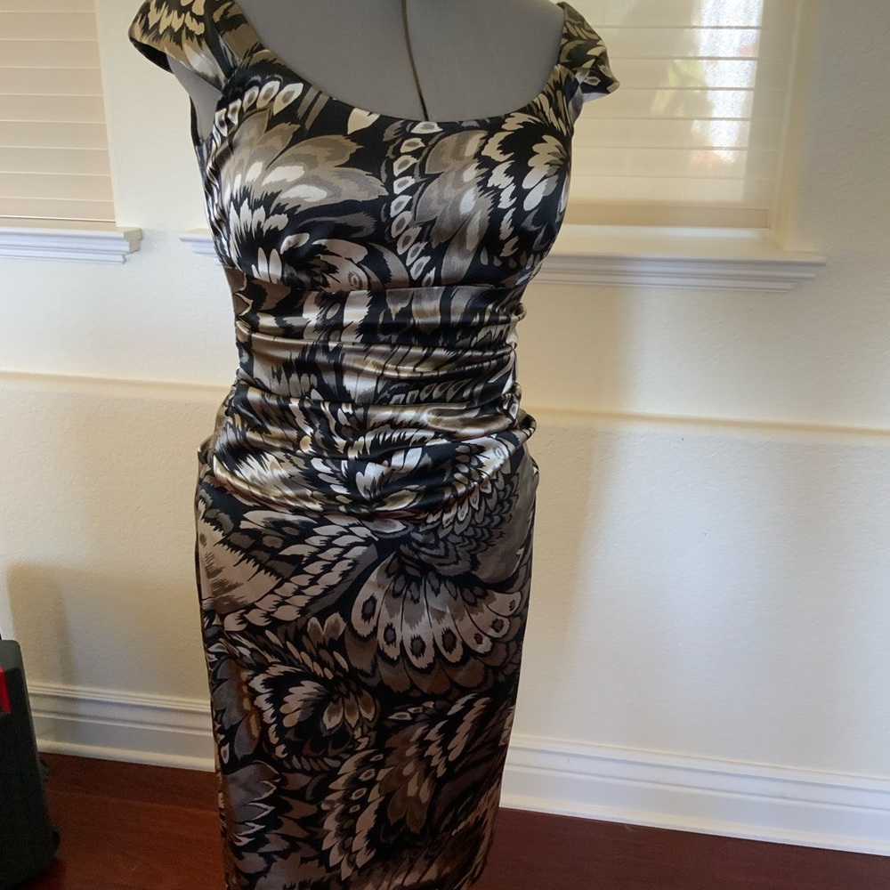 London Times ruched party dress, olive, cream, and black pattern.